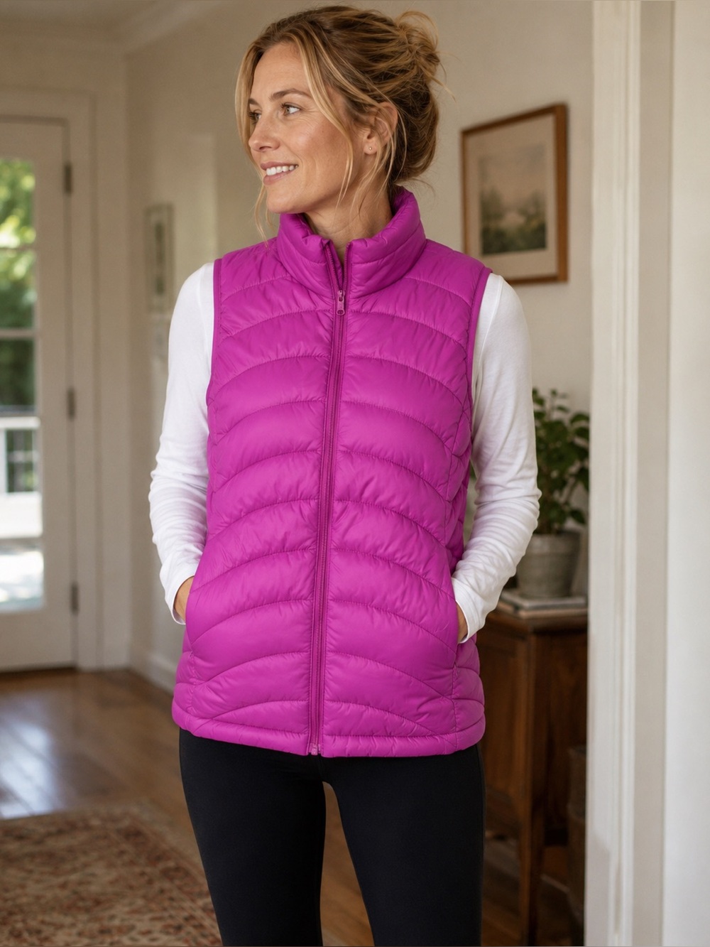 Old Navy Quilted Vest Women’s Sz Small Full Zip Bright Pink Lightweight